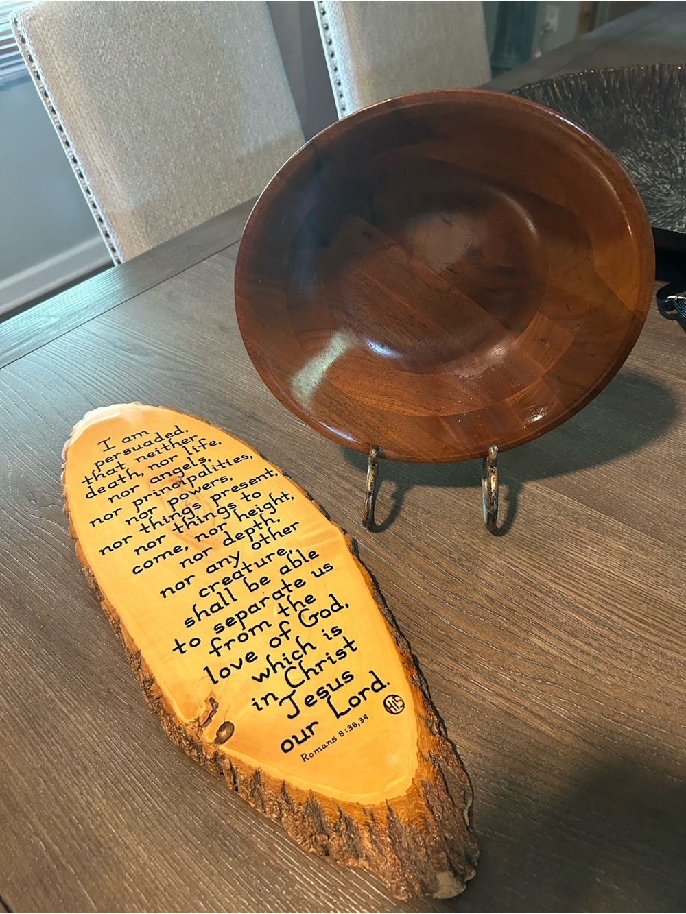 Vintage MCM Walnut Wood Bowl & Live Edge Bark Scripture Plaque - 2-Piece Rustic